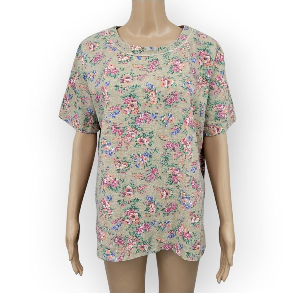 White Stag Vintage Linen Cotton Oatmeal Floral Short Sleeve Top Cottagecore